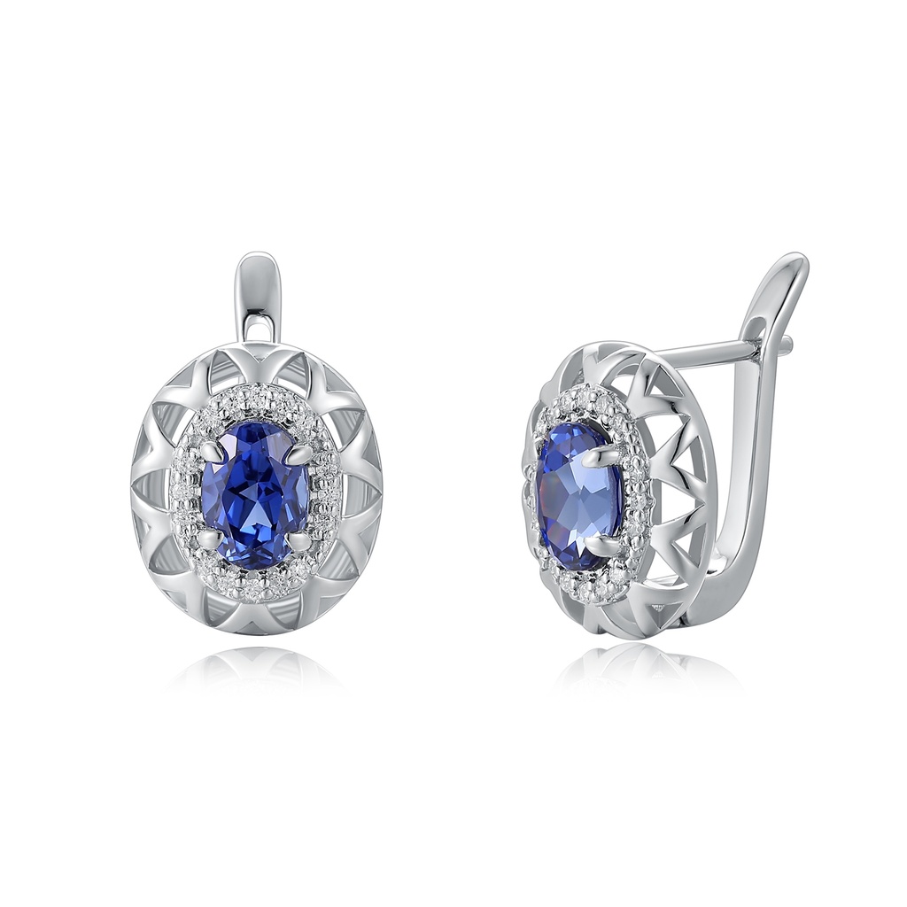 Elegant Oval Blue Sapphire Earrings with Intricate Diamond Halo Design