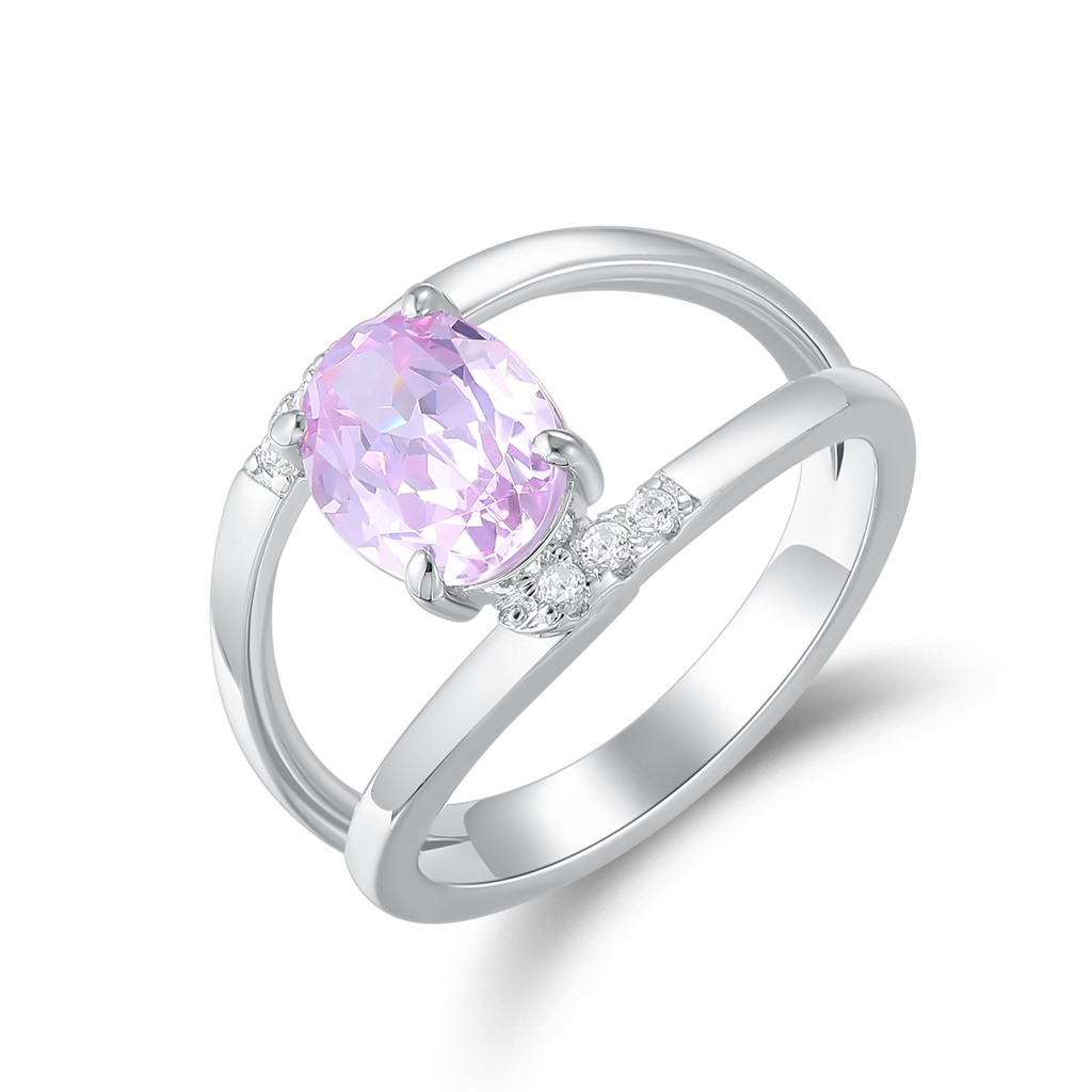 Elegant Oval Pink CZ and Diamond Stainless Steel Ring for Women