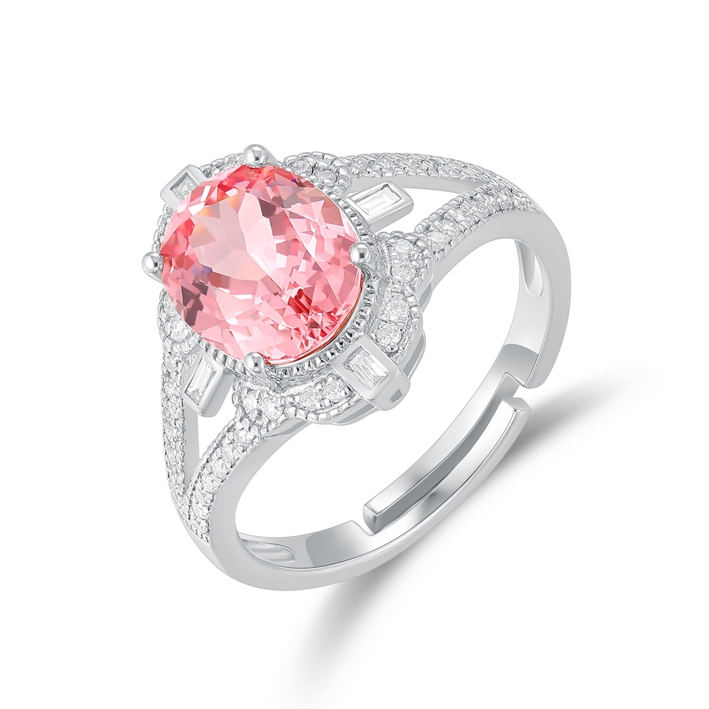 Elegant Oval Pink Gemstone Ring with Diamond Halo Setting
