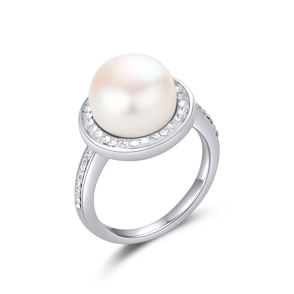 Elegant Pearl Ring with Crystal Accents in Stainless Steel