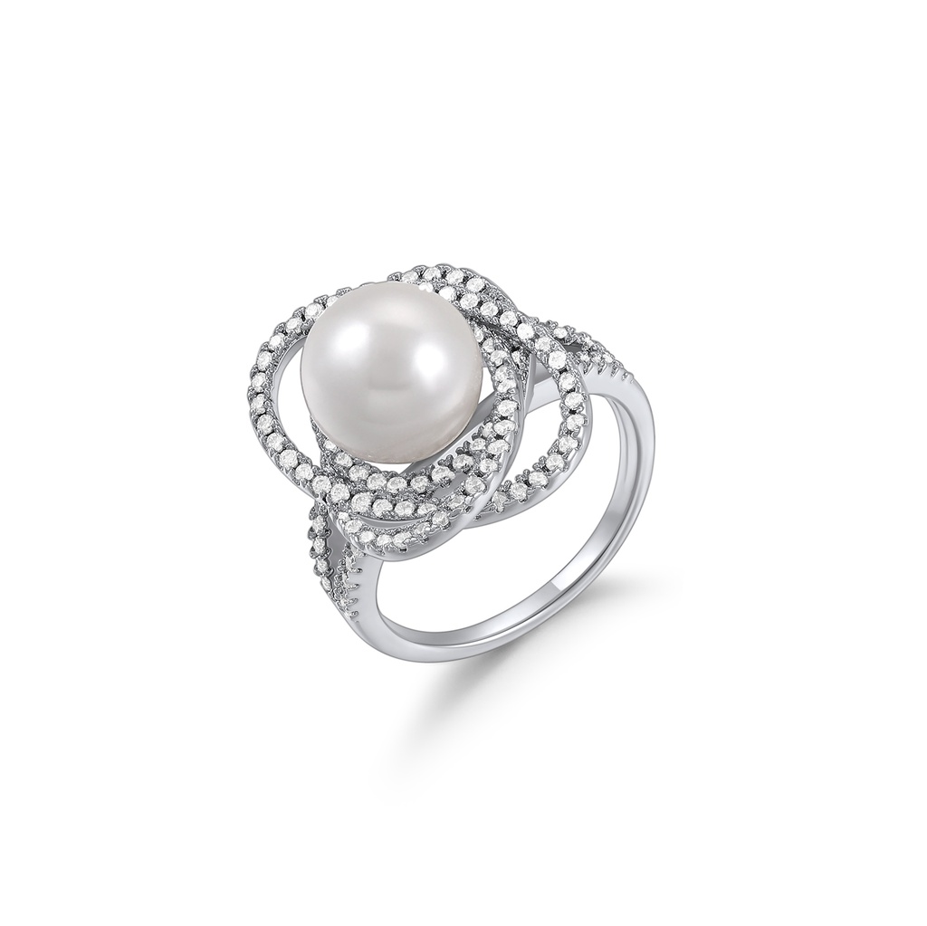 Elegant Pearl-Inspired Brass Ring with Paved Swirl Frame