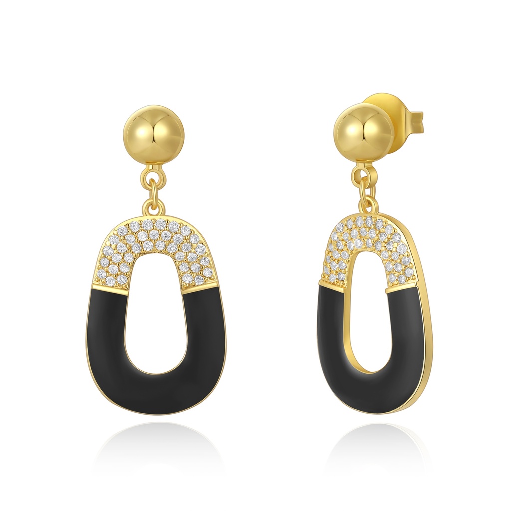 Black Enamel Oval Drop Earrings with Crystal Top