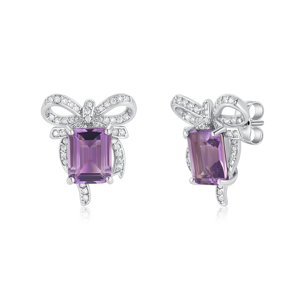 Elegant Purple Bow Earrings with Sparkling Crystal Stainless Steel Setting