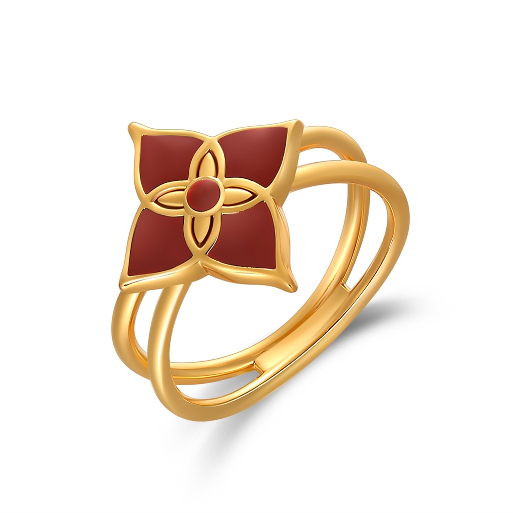 Elegant Red Floral Brass Ring With Lustrous Gold-Tone Finish