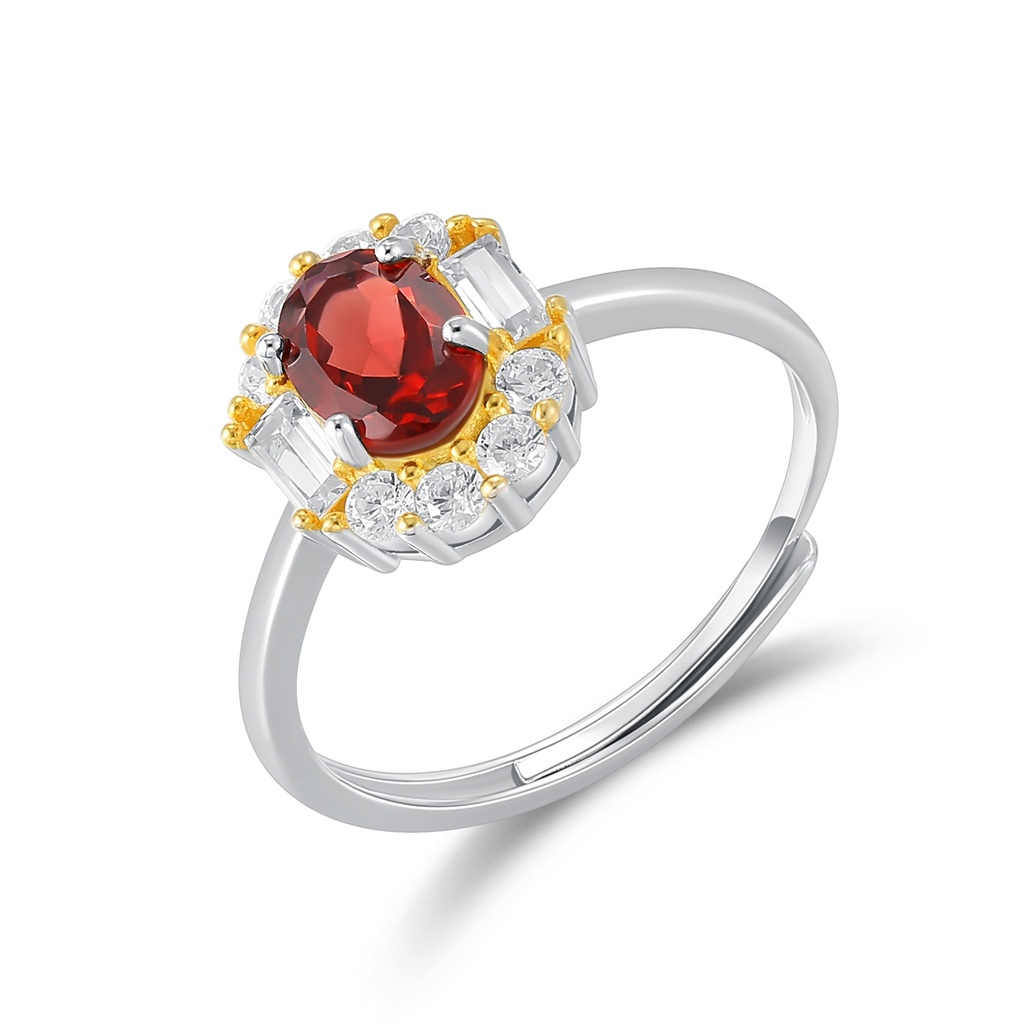 Elegant Red Gemstone Halo Ring with Sparkling Diamond Accents