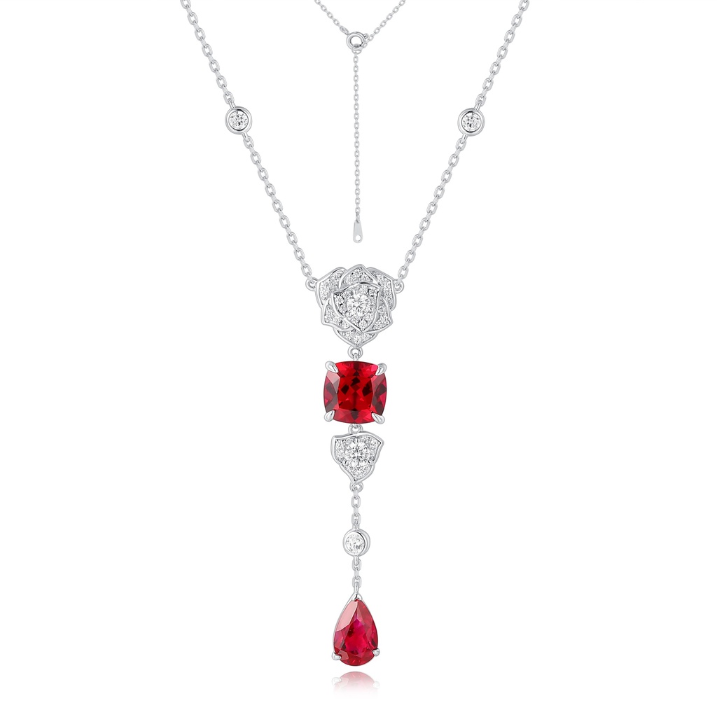 Elegant Red Gemstone Lariat Necklace in Polished Stainless Steel Setting