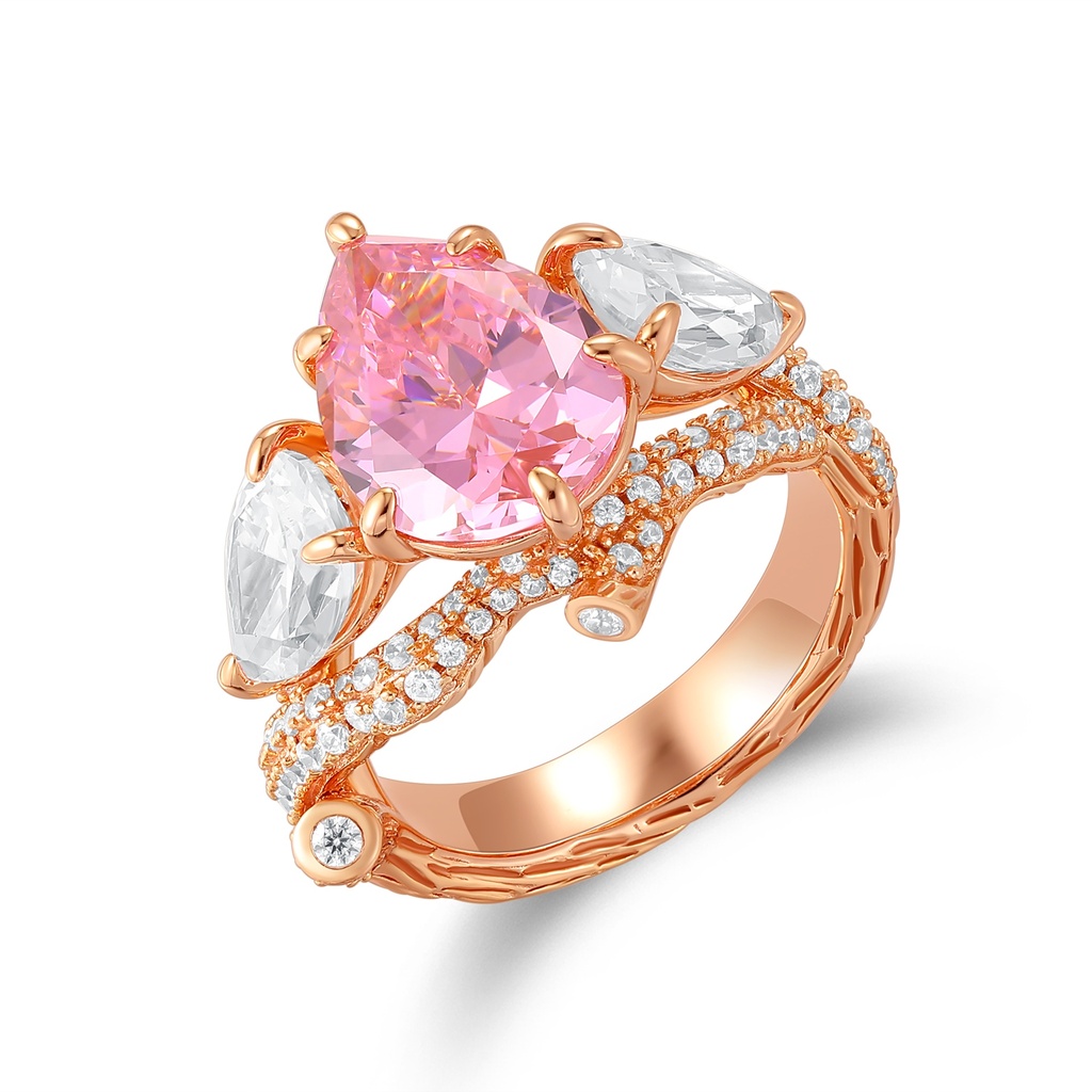 Elegant Rose Gold Pink Pear-Cut Ring with White Accents