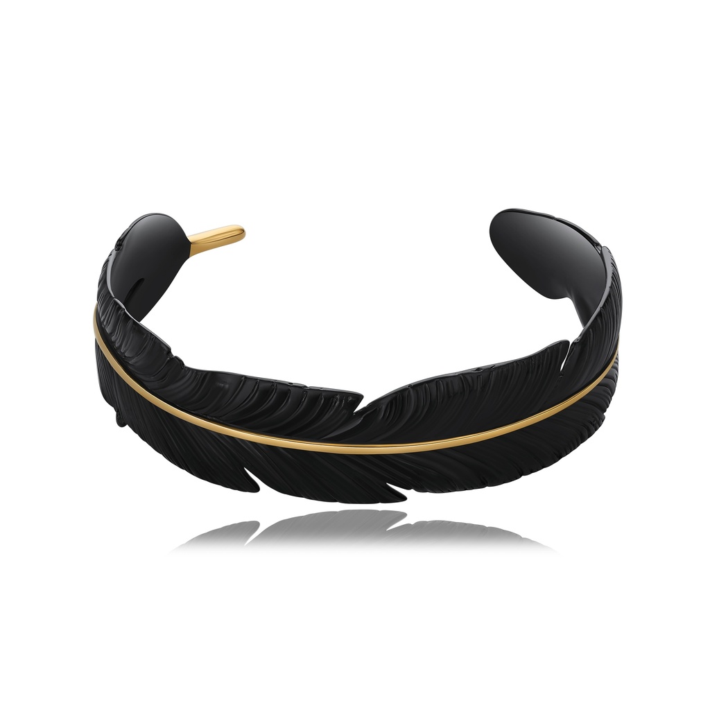 Black Feather Cuff Bracelet with Gold Accent Stainless Steel