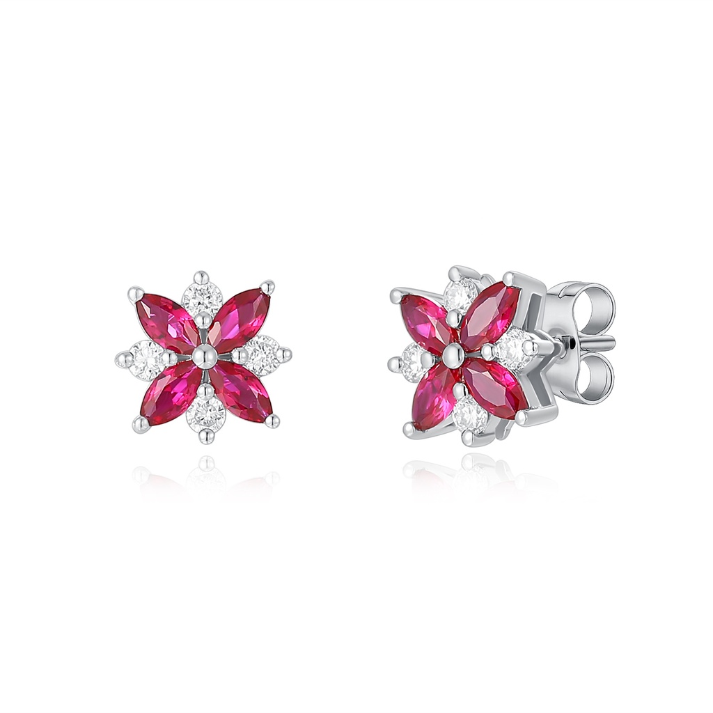 Elegant Ruby Flower Stud Earrings with Sparkling Diamond Accents