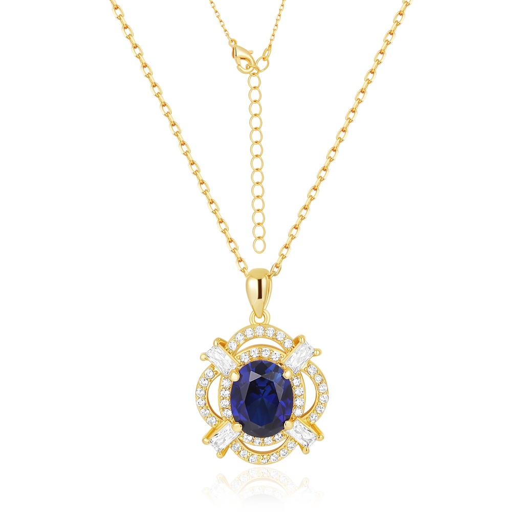 Elegant Sapphire Blue Stone Pendant Necklace with Gold Brass Chain