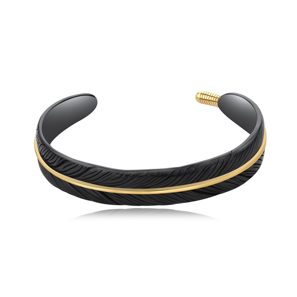 Black Feather-Inspired Cuff Bracelet with Gold Stainless Steel Detail
