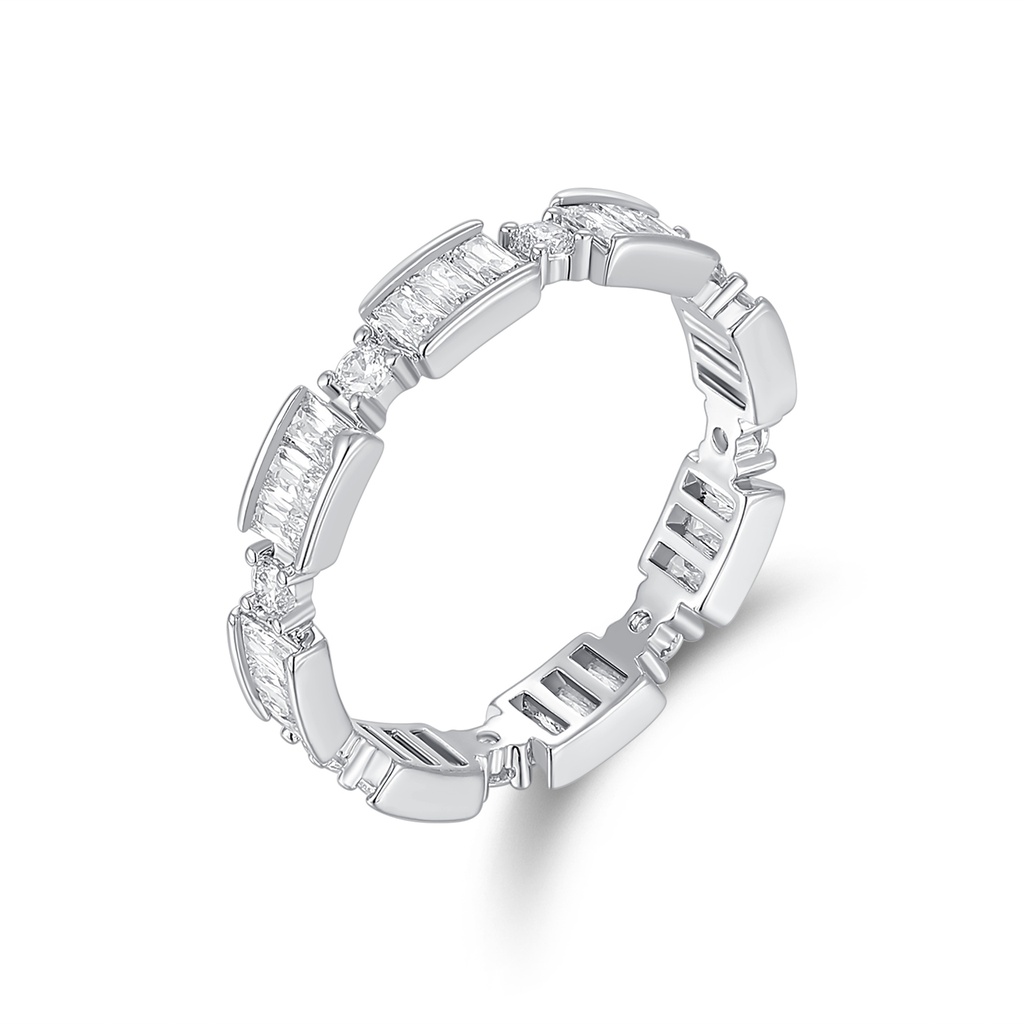 Elegant Silver Band Ring with Baguette and Round Stones