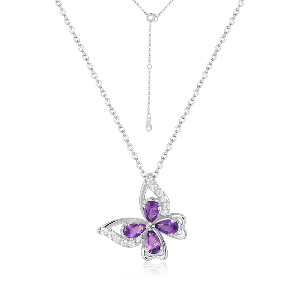 Elegant Silver Butterfly Necklace with Purple and Clear CZ Stones