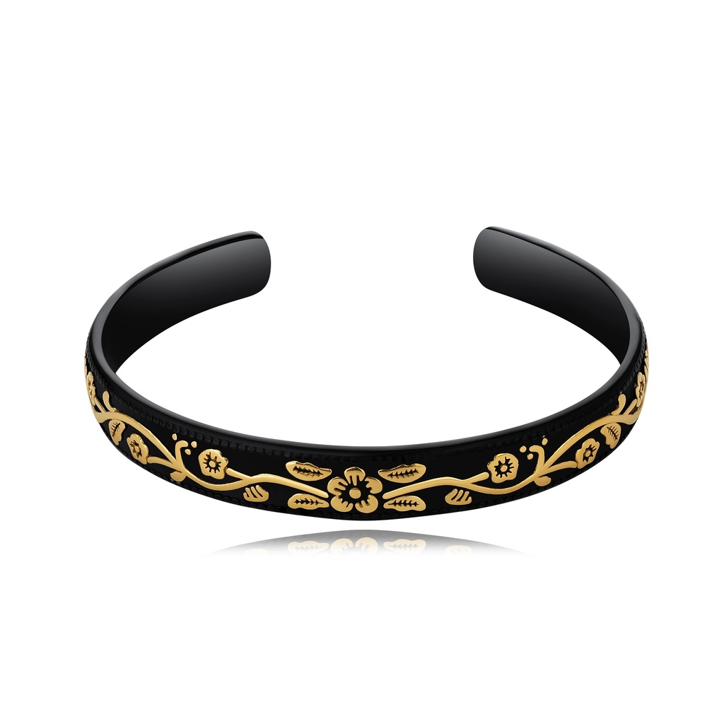 Black Floral Cuff Bracelet in Stainless Steel with Gold Inlay