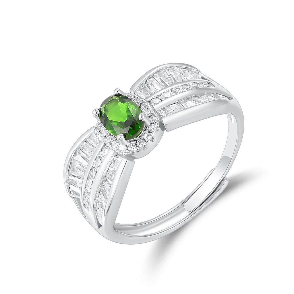 Elegant Silver Ring with Green Gemstone and Crystal Accent Design
