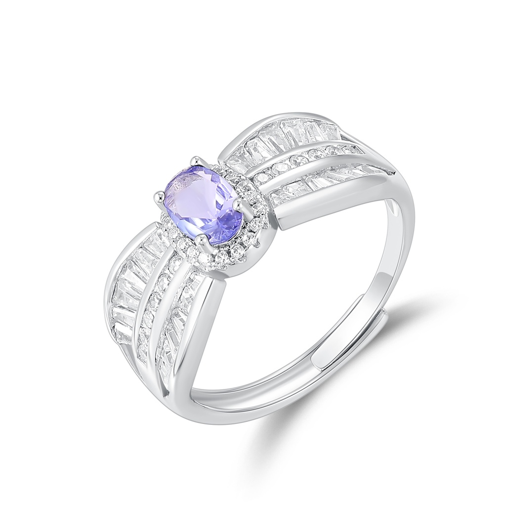 Elegant Silver Ring with Oval Purple Gemstone and Crystal Accents