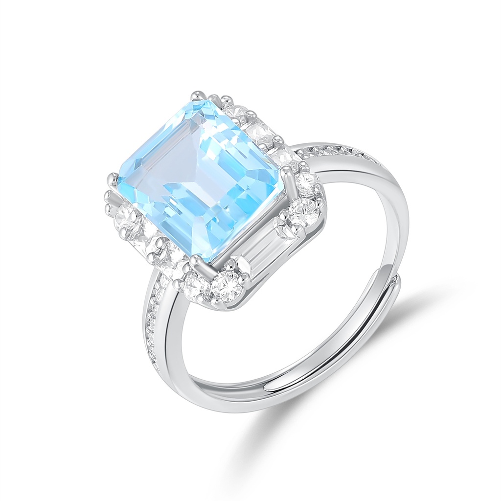 Elegant Silver Ring with Sky Blue Gemstone and Crystal Accents